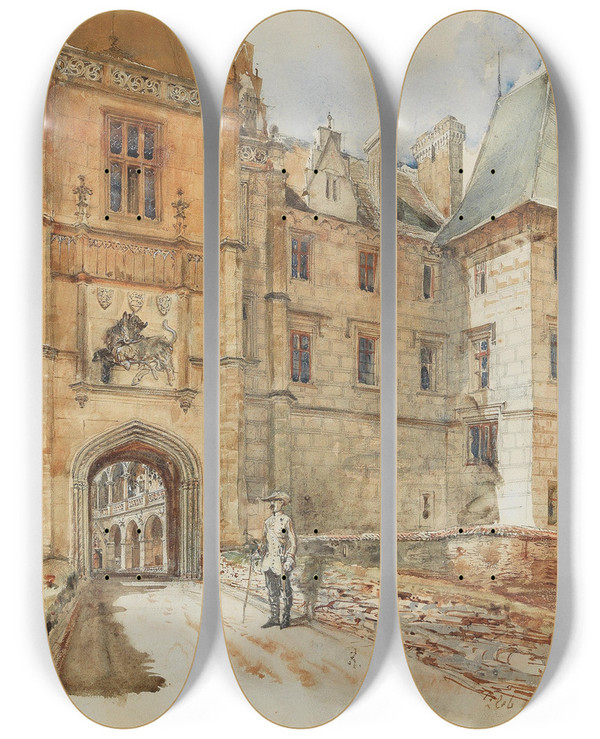 Triptych art skateboard deck of Rudolf Von Alt Bridge And Entrance To Leby Castle by Rudolf Von Alt (1812-1905)