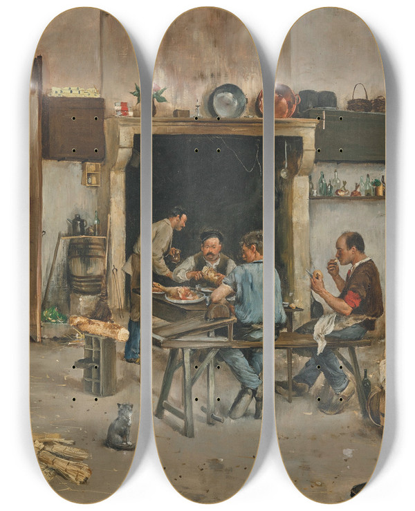 Triptych art skateboard deck of Norbert Goeneutte Le Repas Des Ouvriers by Norbert Goeneutte (1854-1894)