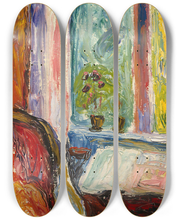 Triptych art skateboard deck of Thorvald Erichsen The Red Chair by Thorvald Erichsen (1868-1939)