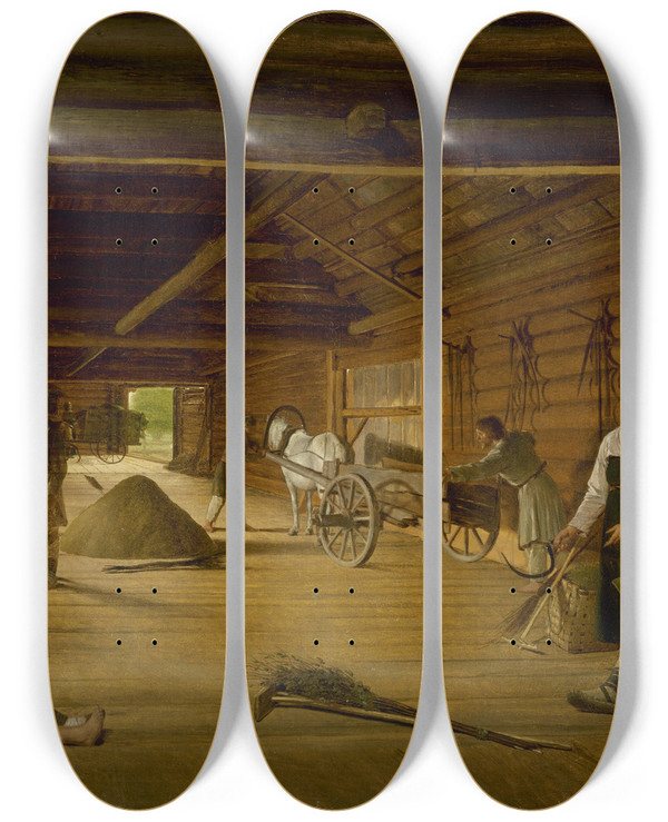 Triptych art skateboard deck of Alexei Venetsianov Threshing Barn by Alexei Venetsianov (1780-1847)