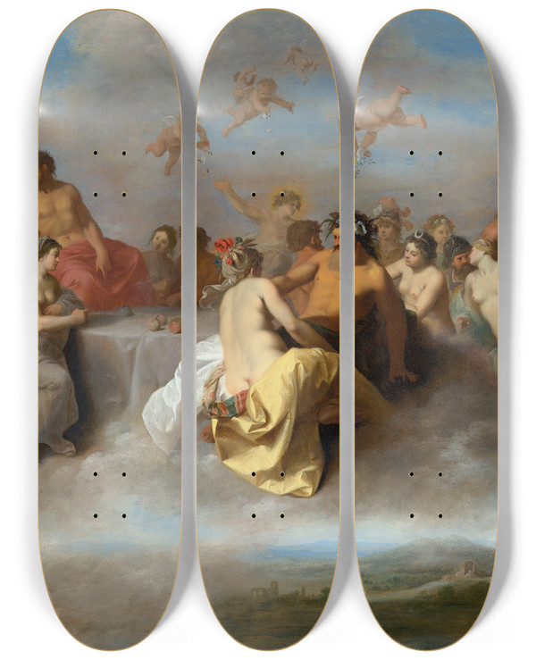 Triptych art skateboard deck of Cornelis Van Poelenburch Council Of The Gods by Cornelis Van Poelenburch (1594-1667)