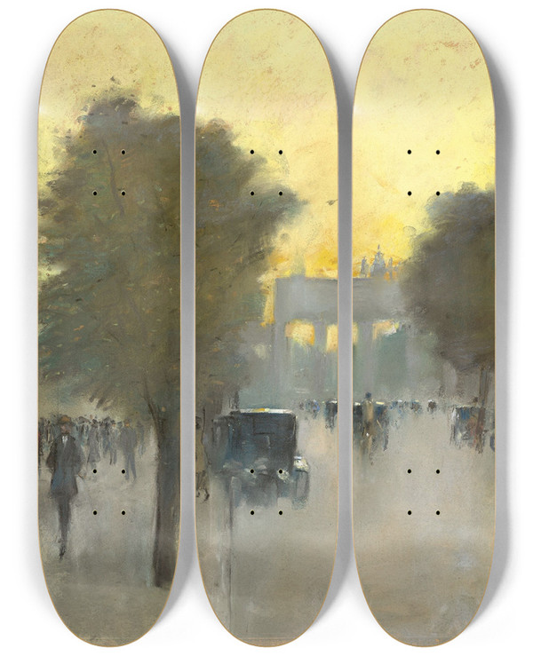 Triptych art skateboard deck of Lesser Ury Unter Den Linden Mit Blick Auf Das Brandenburger Tor by Lesser Ury (1861-1931)