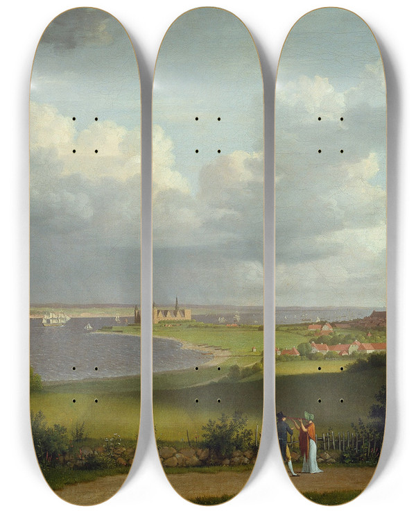 Triptych art skateboard deck of Christoffer Wilhelm Eckersberg View North Of Kronborg Castle by Christoffer Wilhelm Eckersberg (1783-1853)