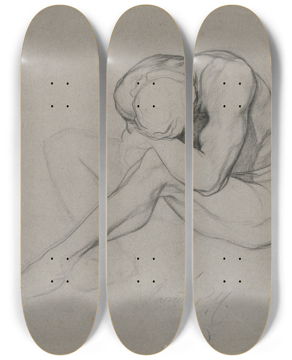 Triptych art skateboard deck of Victor Mller Mnnlicher Sitzender Akt Den Kopf Auf Das Linke Knie Gelegt by Victor Muller (1829-1871)