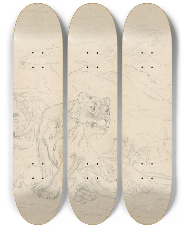 Triptych art skateboard deck of Sawrey Gilpin Lion Family by Sawrey Gilpin (1733-1807)