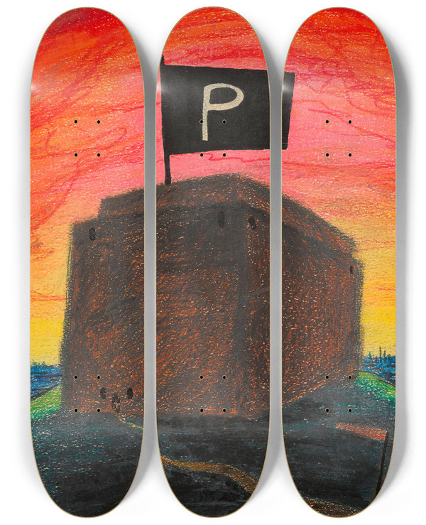 Triptych art skateboard deck of Karl Wiener Die Pulverflagge by Karl Wiener (1901-1949)