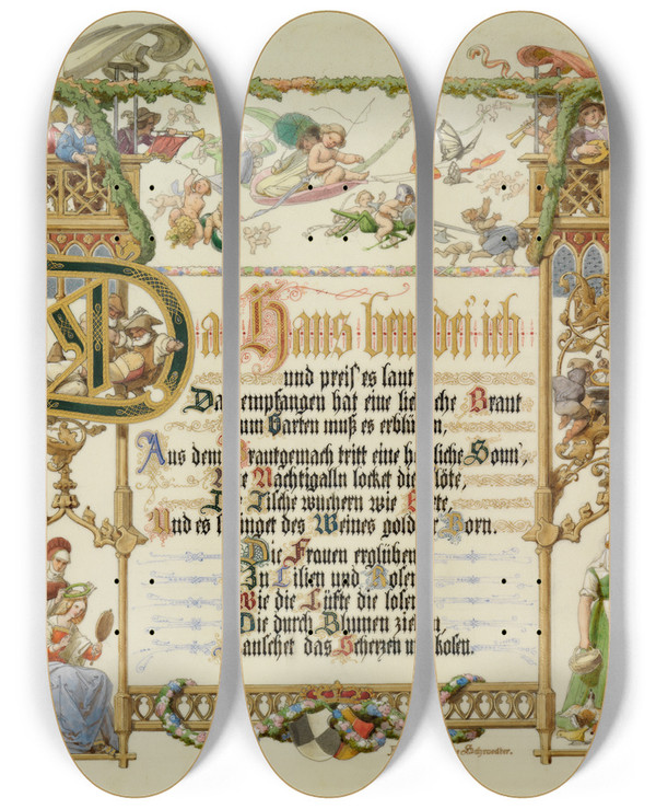 Triptych art skateboard deck of Adolf Schrdter  Brautlied by Adolf Schrodter (1805-1875)