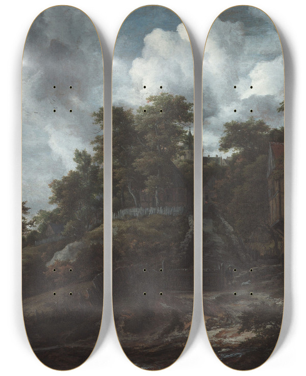 Triptych art skateboard deck of Jacob Van Ruisdael Wooded Hillside With A View Of Bentheim Castle by Jacob Van Ruisdael (1628-1682)