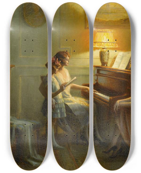 Triptych art skateboard deck of Delphin Enjolras By The Piano by Delphin Enjolras (1857-1945)