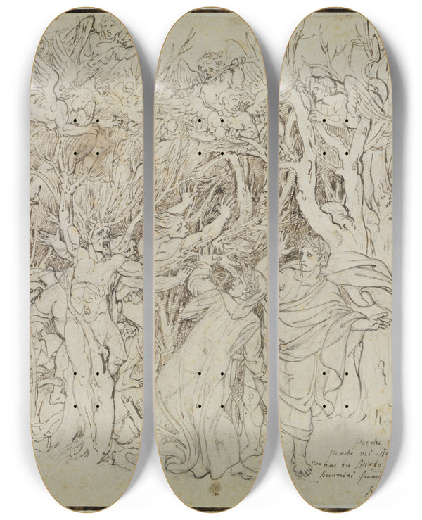 Triptych art skateboard deck of Joseph Anton Koch Dante Und Virgil Im Wald Der Selbstmrder Dante Inferno Canto 13 by Joseph Anton Koch (1768-1839)