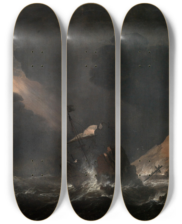 Triptych art skateboard deck of Jan Theunisz Blanckerhoff Seesturm Mit Strandendem Schiff by Jan Theunisz Blanckerhoff (1628-1699)