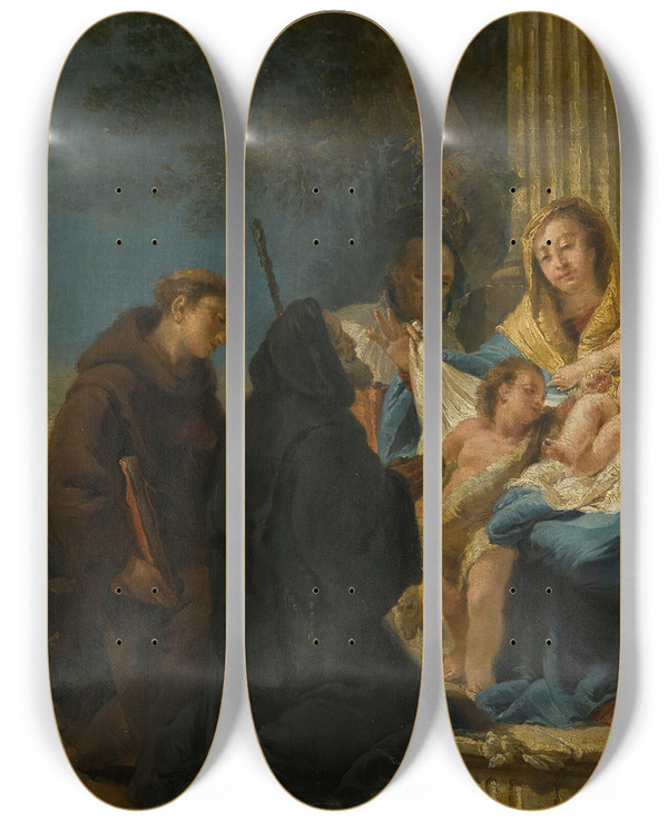 Triptych art skateboard deck of Francesco Lorenzi The Holy Family With Saint Francesco Di Paola And A Franciscan Saint by Francesco Lorenzi (1723-1787)