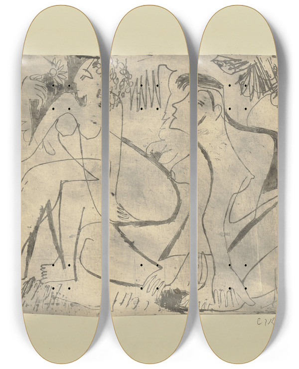 Triptych art skateboard deck of Ernst Ludwig Kirchner Zwei Sitzende Mdchen Im Freien by Ernst Ludwig Kirchner (1880-1938)