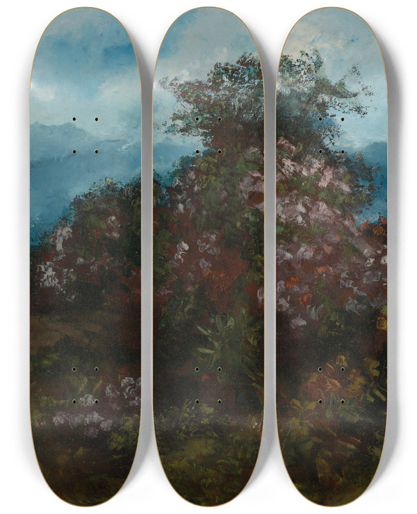 Triptych art skateboard deck of Gustave Courbet Paysage Avec Massif Fleuri by Gustave Courbet (1819-1877)