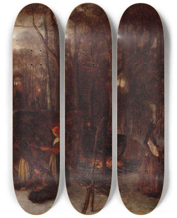 Triptych art skateboard deck of Eastman Johnson Tasting The Sugar by Eastman Johnson (1824-1906)