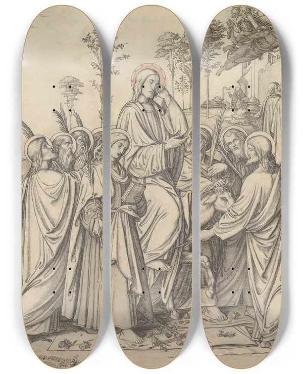 Triptych art skateboard deck of Gustav Ferdinand Knig The Entrance Of Christ Into Jerusalem by Gustav Ferdinand Konig (1808-1869)