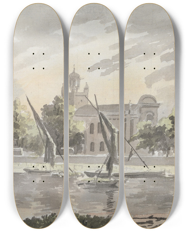 Triptych art skateboard deck of James Miller View Of Isleworth Church by James Miller (1773-1814)