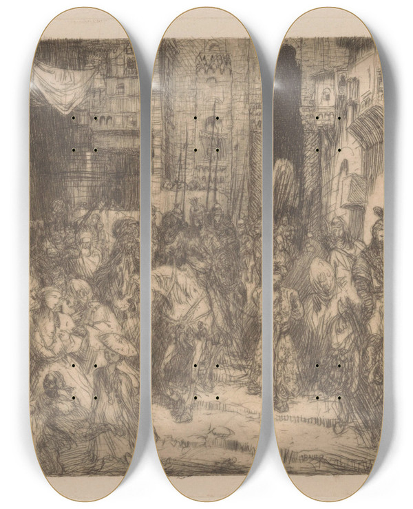 Triptych art skateboard deck of Marius Bauer Aladin by Marius Bauer (1867-1932)