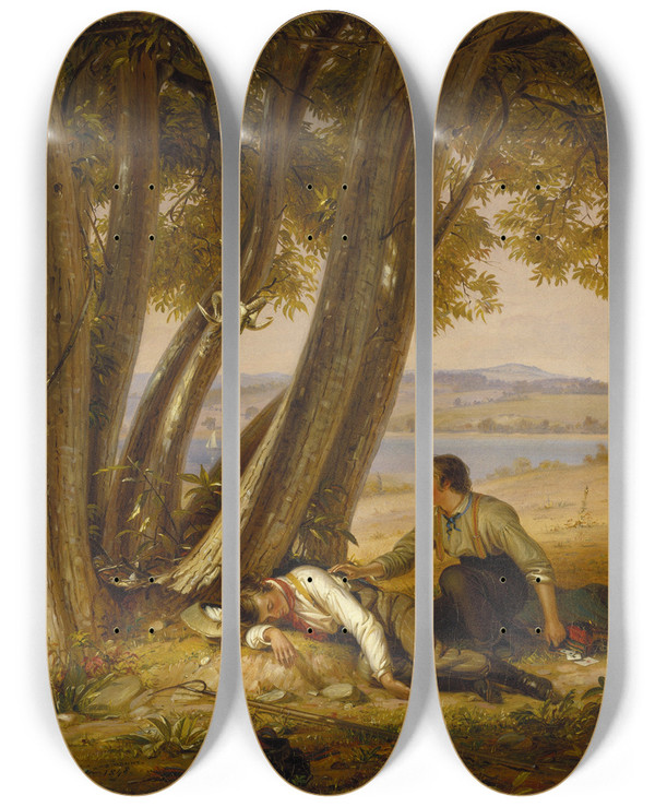 Triptych art skateboard deck of William Sidney Mount Caught Napping Boys Caught Napping In A Field by William Sidney Mount (1807-1868)
