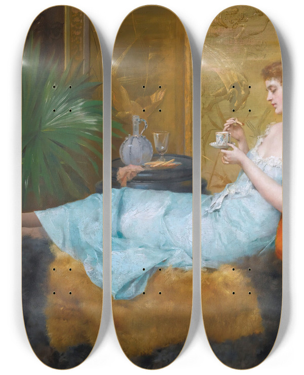 Triptych art skateboard deck of Francesc Masriera Teatime by Francesc Masriera (1842-1902)