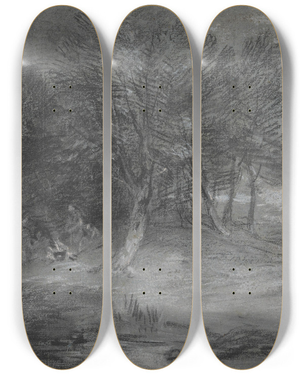 Triptych art skateboard deck of Thomas Gainsborough Wooded Landscape With Gypsy Encampment by Thomas Gainsborough (1727-1788)