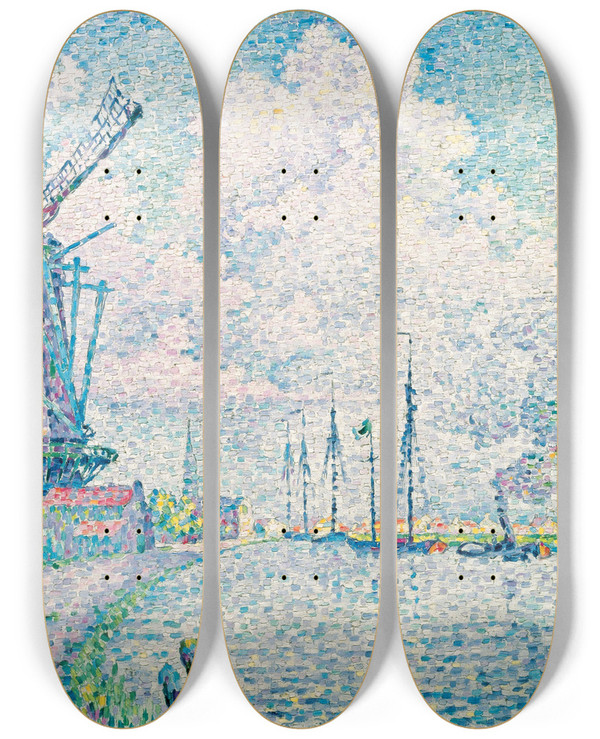 Triptych art skateboard deck of Paul Signac Canal Of Overschie by Paul Signac (1863-1935)