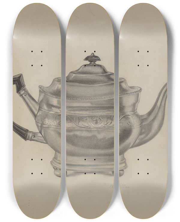 Triptych art skateboard deck of Douglas Cox Teapot by Douglas Cox