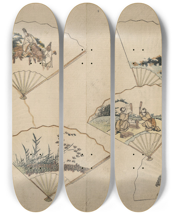 Triptych art skateboard deck of Katsushika Hokusai Mutamagawa Senmen Harimaze by Katsushika Hokusai (1760-1849)