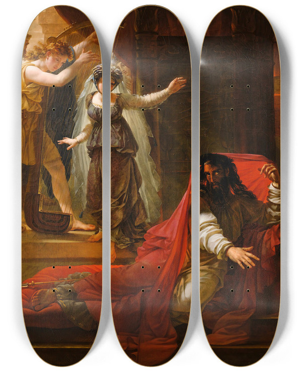 Triptych art skateboard deck of Antoinejean Gros David Playing Harp For King Saul by Antoine-Jean Gros (1771-1835)
