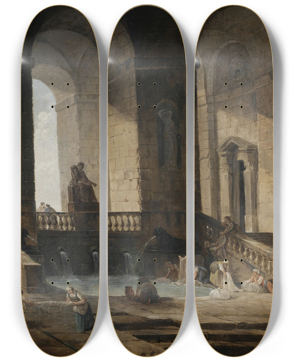 Triptych art skateboard deck of Hubert Robert Lavandires Dans Une Architecture Romaine by Hubert Robert (1733-1808)