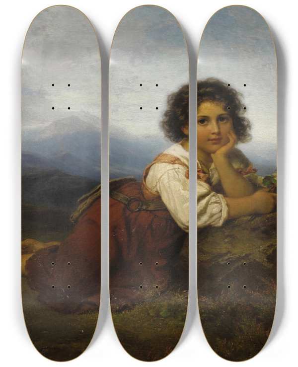 Triptych art skateboard deck of Friedrich Drck Young Girl With Flower by Friedrich Durck (1809-1884)
