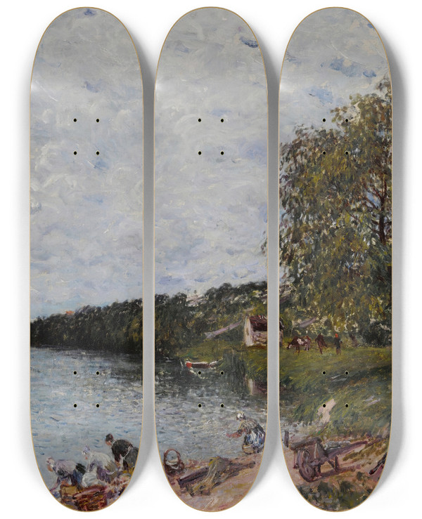 Triptych art skateboard deck of Alfred Sisley Lavandires Prs De Champagne by Alfred Sisley (1840-1899)