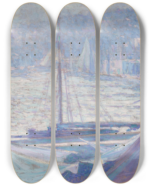 Triptych art skateboard deck of Johann Charles Palmi Morgenstimmung Im Hafen Von Honfleur by Charles Johann Palmie (1863-1911)