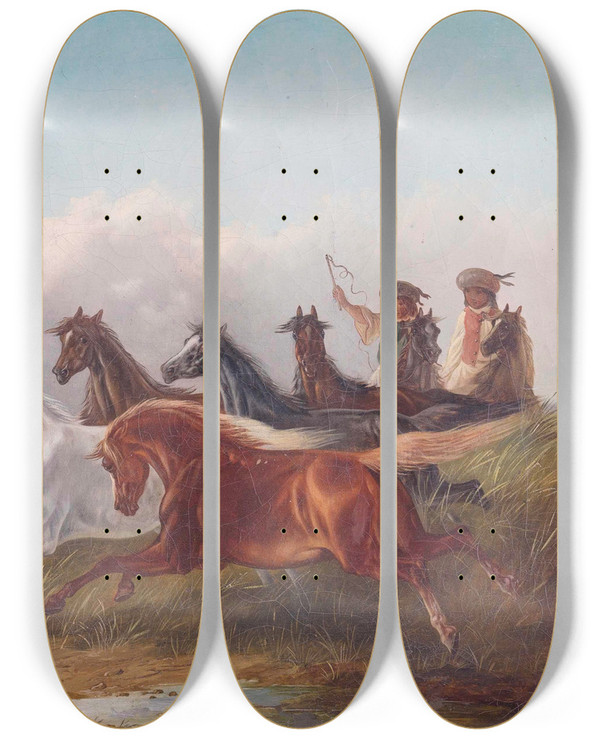 Triptych art skateboard deck of Ludwig Kbler Zwei Junge Ungarische Reiter Treiben Wildpferde In Der Puszta Vor Sich Her by Ludwig Kubler (19-)