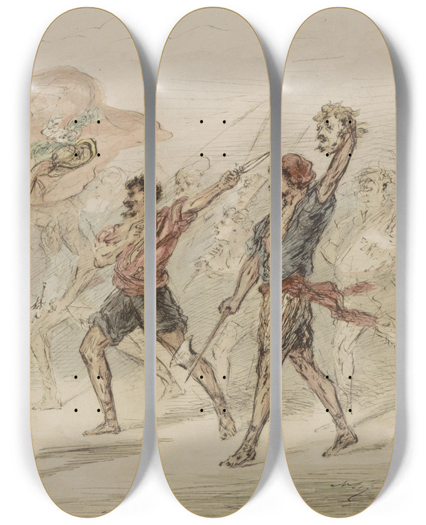 Triptych art skateboard deck of Alexander Ver Huell Man Met Een Afgehakt Hoofd In Een Menigte by Alexander Ver Huell (1822-1897)