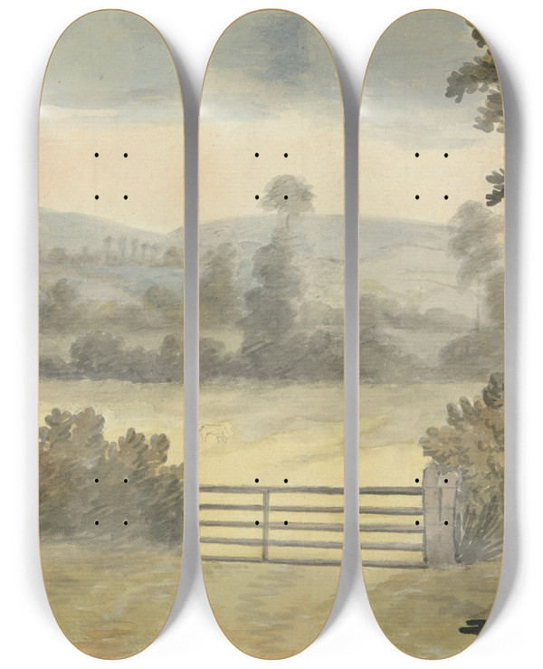 Triptych art skateboard deck of Edward Francis Burney Landscape With Pasture Gate by Edward Francis Burney (1760-1848)