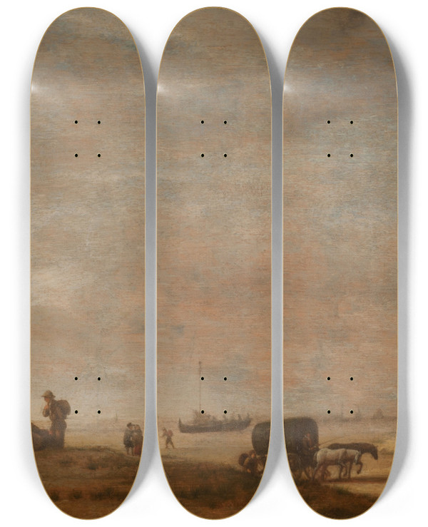 Triptych art skateboard deck of Adriaen Van De Velde Scheveningen Beach by Adriaen van de Velde (1636-1672)
