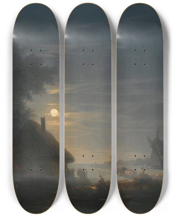 Triptych art skateboard deck of Ivan Konstantinovich Aivazovsky Ukrainian Landscape At Night_1 by Ivan Konstantinovich Aivazovsky (1817-1900)
