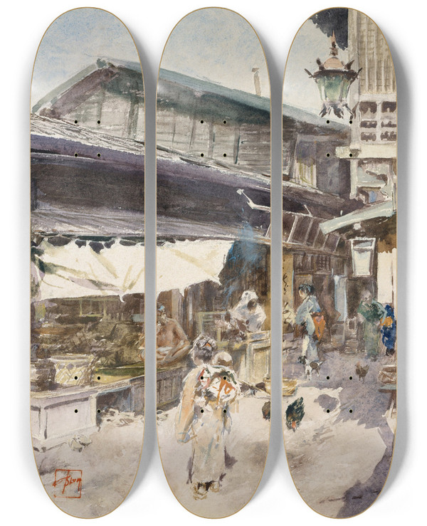 Triptych art skateboard deck of Robert Frederick Blum Street Scene In Ikao Japan by Robert Frederick Blum (1857-1903)