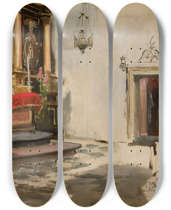 Triptych art skateboard deck of Wojciech Kossak Altar In The Church At Wola by Wojciech Kossak (1857-1942)