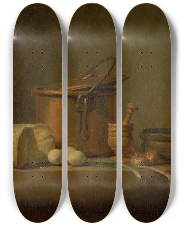 Triptych art skateboard deck of Jean Simon Chardin Still Life With Copper Pot Cheese And Eggs by Jean Simeon Chardin (1699-1779)