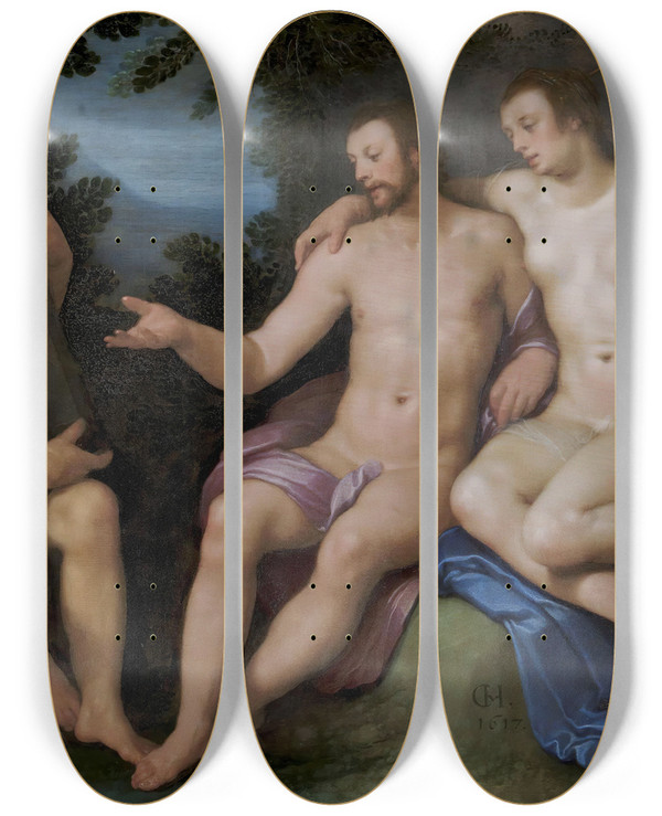 Triptych art skateboard deck of Cornelis Cornelisz Van Haarlem Allegory On The Brevity Of Life by Cornelis Cornelisz Van Haarlem (1562-1638)