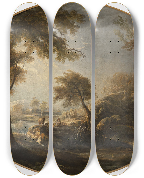 Triptych art skateboard deck of Elias Martin Landscape With Rustics And Cattle by Elias Martin (1739-1818)