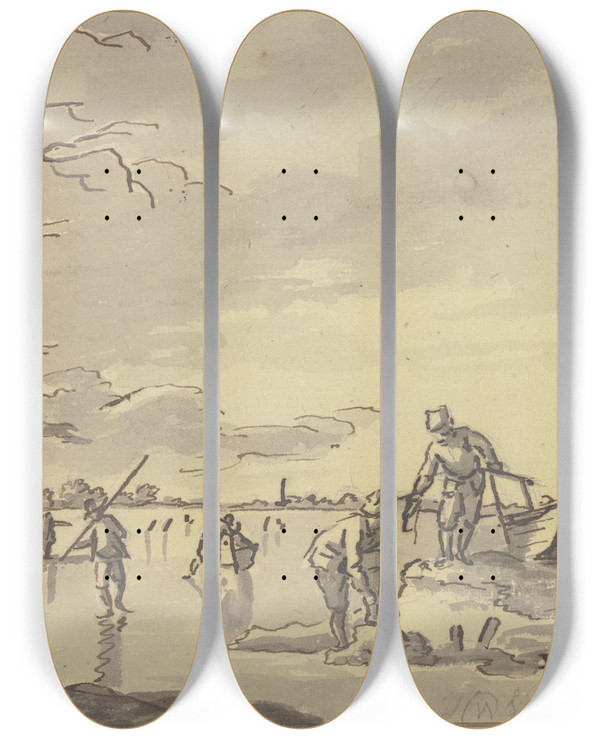 Triptych art skateboard deck of Heinrich Wilhelm Schweickhardt Schlittschuhlufer Links Auf Dem Eis Ein Zelt by Hendrik Willem Schweickhardt