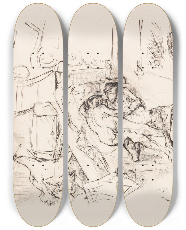 Triptych art skateboard deck of Max Beckmann Liebespaar I by Max Beckmann (1884-1950)