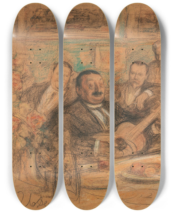 Triptych art skateboard deck of Leonid Osipovich Pasternak At Konstantin Alexeyevich Korovins Songs Of Ancient Times Chaliapin And The Artists by Leonid Osipovich Pasternak