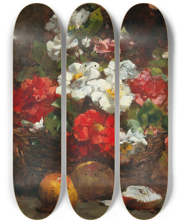 Triptych art skateboard deck of Georges Jeannin A Basket Full Of Flowers by Georges Jeannin (1841-1925)