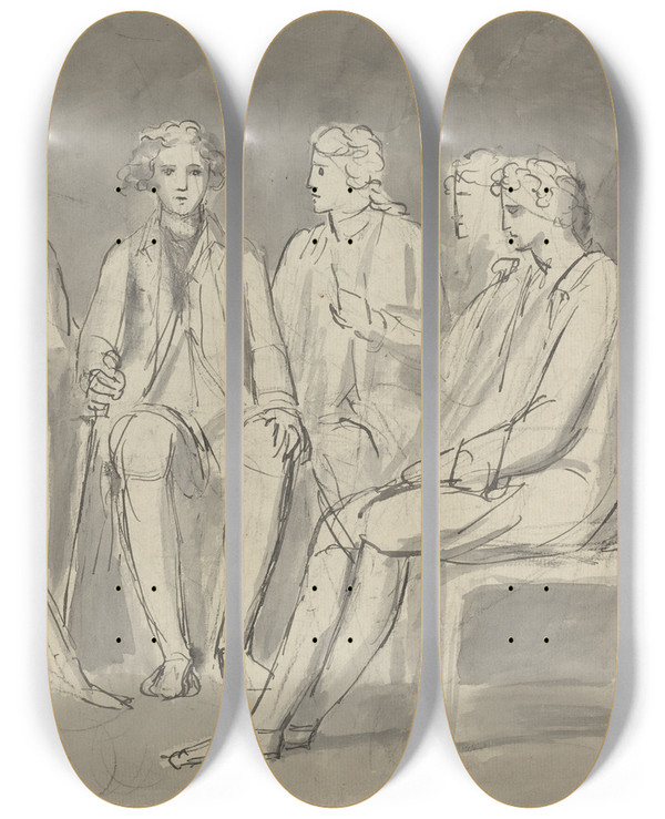 Triptych art skateboard deck of William Blake Group Of Men Seated In A Circle Recto by William Blake (1757-1827)