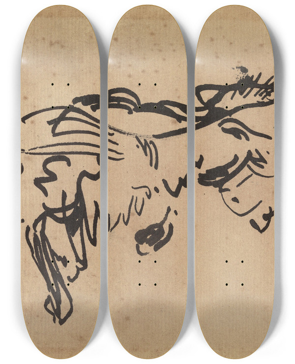 Triptych art skateboard deck of Rik Wouters Study Of A Cat by Rik Wouters (1882-1916)