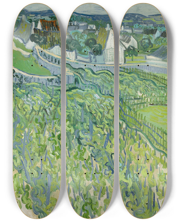 Triptych art skateboard deck of Vincent Van Gogh Vineyards At Auvers by Vincent van Gogh (1853-1890)
